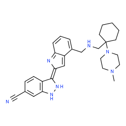 ChemSpider 2D Image | (3E)-3-{4-[({[1-(4-Methyl-1-piperazinyl)cyclohexyl]methyl}amino)methyl]-2H-indol-2-ylidene}-2,3-dihydro-1H-indazole-6-carbonitrile | C29H35N7