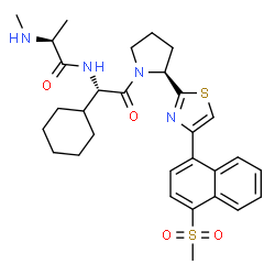 ChemSpider 2D Image | N-{(1S)-1-Cyclohexyl-2-[(2S)-2-{4-[4-(methylsulfonyl)-1-naphthyl]-1,3-thiazol-2-yl}-1-pyrrolidinyl]-2-oxoethyl}-N~2~-methyl-L-alaninamide | C30H38N4O4S2