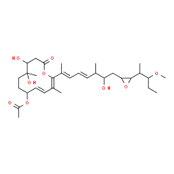 ChemSpider 2D Image | (2Z,4E)-9,10-Dihydroxy-2-{(2E,4E)-7-hydroxy-8-[3-(3-methoxy-2-pentanyl)-2-oxiranyl]-6-methyl-2,4-octadien-2-yl}-3,9-dimethyl-12-oxooxacyclododeca-2,4-dien-6-yl acetate | C32H50O9