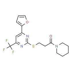ChemSpider 2D Image | 3-{[4-(2-Furyl)-6-(trifluoromethyl)-2-pyrimidinyl]sulfanyl}-1-(1-piperidinyl)-1-propanone | C17H18F3N3O2S