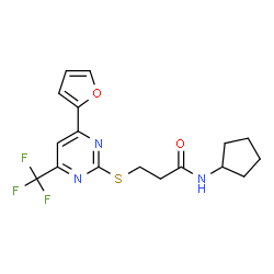 ChemSpider 2D Image | N-Cyclopentyl-3-{[4-(2-furyl)-6-(trifluoromethyl)-2-pyrimidinyl]sulfanyl}propanamide | C17H18F3N3O2S