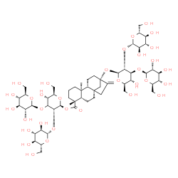 ChemSpider 2D Image | beta-D-Glucopyranosyl-(1->2)-[beta-D-glucopyranosyl-(1->3)]-(3xi)-1-O-[(5beta,8alpha,9beta,10alpha,13alpha)-13-{[beta-D-glucopyranosyl-(1->2)-[beta-D-glucopyranosyl-(1->3)]-beta-D-glucopyranosyl]oxy}-
18-oxokaur-16-en-18-yl]-beta-D-ribo-hexopyranose | C56H90O33