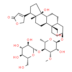 ChemSpider 2D Image | (3beta,5beta)-3-{[6-Deoxy-4-O-(beta-D-glucopyranosyl)-3-O-methyl-alpha-L-mannopyranosyl]oxy}-14,19-dihydroxycard-20(22)-enolide | C36H56O14