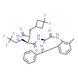 ChemSpider 2D Image | (2S,3R)-3-[(3,3-Difluorocyclobutyl)methyl]-N-[(3R)-9-methyl-2-oxo-5-phenyl-2,3-dihydro-1H-1,4-benzodiazepin-3-yl]-2-(3,3,3-trifluoropropyl)succinamide | C28H29F5N4O3