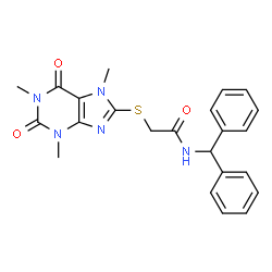 ChemSpider 2D Image | N-(Diphenylmethyl)-2-[(1,3,7-trimethyl-2,6-dioxo-2,3,6,7-tetrahydro-1H-purin-8-yl)sulfanyl]acetamide | C23H23N5O3S