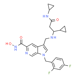 ChemSpider 2D Image | 3-({[1-Cyclopropyl-3-(cyclopropylamino)-3-oxopropyl]amino}methyl)-1-(2,4-difluorobenzyl)-N-hydroxy-1H-pyrrolo[2,3-c]pyridine-5-carboxamide | C25H27F2N5O3