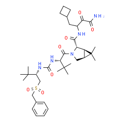 ChemSpider 2D Image | (1R,2S,5S)-N-(4-Amino-1-cyclobutyl-3,4-dioxo-2-butanyl)-3-(N-{[(2S)-1-(benzylsulfonyl)-3,3-dimethyl-2-butanyl]carbamoyl}-3-methyl-L-valyl)-6,6-dimethyl-3-azabicyclo[3.1.0]hexane-2-carboxamide | C36H55N5O7S