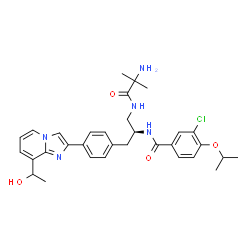 ChemSpider 2D Image | 3-Chloro-N-{(2S)-1-{4-[8-(1-hydroxyethyl)imidazo[1,2-a]pyridin-2-yl]phenyl}-3-[(2-methylalanyl)amino]-2-propanyl}-4-isopropoxybenzamide | C32H38ClN5O4