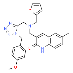 ChemSpider 2D Image | 3-{[(2-Furylmethyl){[1-(4-methoxybenzyl)-1H-tetrazol-5-yl]methyl}amino]methyl}-6-methyl-2(1H)-quinolinone | C26H26N6O3