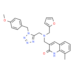 ChemSpider 2D Image | 3-{[(2-Furylmethyl){[1-(4-methoxybenzyl)-1H-tetrazol-5-yl]methyl}amino]methyl}-8-methyl-2(1H)-quinolinone | C26H26N6O3
