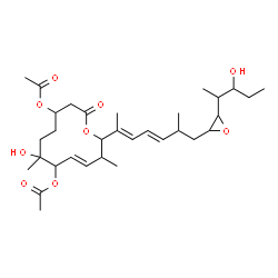 ChemSpider 2D Image | (9E)-7-Hydroxy-12-{(2E,4E)-7-[3-(3-hydroxy-2-pentanyl)-2-oxiranyl]-6-methyl-2,4-heptadien-2-yl}-7,11-dimethyl-2-oxooxacyclododec-9-ene-4,8-diyl diacetate | C32H50O9