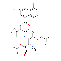 ChemSpider 2D Image | 2-({(1E)-1-[(3R,4R,5S)-3-Acetoxy-4-hydroxy-1-azabicyclo[3.1.0]hex-2-ylidene]-2-oxo-2-[(2-oxopropyl)amino]ethyl}amino)-1-(2-methyl-2-oxiranyl)-2-oxoethyl 3-methoxy-5-methyl-1-naphthoate | C30H33N3O10