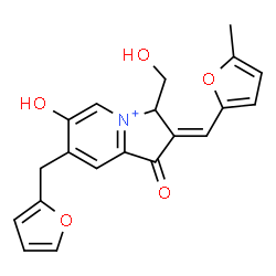 ChemSpider 2D Image | (2E)-7-(2-Furylmethyl)-6-hydroxy-3-(hydroxymethyl)-2-[(5-methyl-2-furyl)methylene]-1-oxo-2,3-dihydro-1H-indolizinium | C20H18NO5