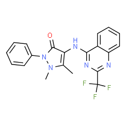 ChemSpider 2D Image | 1,5-Dimethyl-2-phenyl-4-{[2-(trifluoromethyl)-4-quinazolinyl]amino}-1,2-dihydro-3H-pyrazol-3-one | C20H16F3N5O