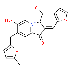 ChemSpider 2D Image | (2E)-2-(2-Furylmethylene)-6-hydroxy-3-(hydroxymethyl)-7-[(5-methyl-2-furyl)methyl]-1-oxo-2,3-dihydro-1H-indolizinium | C20H18NO5