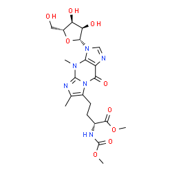 ChemSpider 2D Image | 7-{(3R)-4-Methoxy-3-[(methoxycarbonyl)amino]-4-oxobutyl}-4,6-dimethyl-3-(beta-D-ribofuranosyl)-3,4-dihydro-9H-imidazo[1,2-a]purin-9-one | C21H28N6O9
