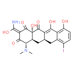 ChemSpider 2D Image | (2E,4S,4aS,5aR,12aS)-2-[Amino(hydroxy)methylene]-4-(dimethylamino)-10,11,12a-trihydroxy-7-iodo-4a,5a,6,12a-tetrahydro-1,3,12(2H,4H,5H)-tetracenetrione | C21H21IN2O7
