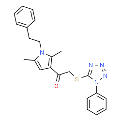 ChemSpider 2D Image | 1-[2,5-Dimethyl-1-(2-phenylethyl)-1H-pyrrol-3-yl]-2-[(1-phenyl-1H-tetrazol-5-yl)sulfanyl]ethanone | C23H23N5OS