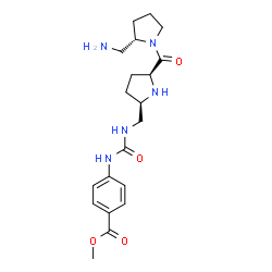 ChemSpider 2D Image | Methyl 4-[({[(2R,5S)-5-{[(2S)-2-(aminomethyl)-1-pyrrolidinyl]carbonyl}-2-pyrrolidinyl]methyl}carbamoyl)amino]benzoate | C20H29N5O4