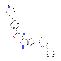 ChemSpider 2D Image | 3-{[4-(4-Methyl-1-piperazinyl)benzoyl]amino}-N-[(1R)-1-phenylpropyl]-1H-thieno[3,2-c]pyrazole-5-carboxamide | C27H30N6O2S