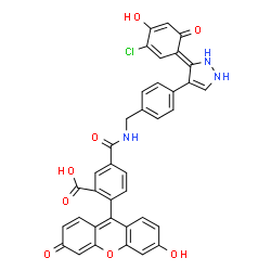 ChemSpider 2D Image | 5-({4-[(3Z)-3-(3-Chloro-4-hydroxy-6-oxo-2,4-cyclohexadien-1-ylidene)-2,3-dihydro-1H-pyrazol-4-yl]benzyl}carbamoyl)-2-(6-hydroxy-3-oxo-3H-xanthen-9-yl)benzoic acid | C37H24ClN3O8