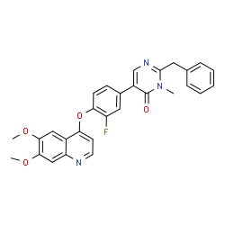 ChemSpider 2D Image | 2-Benzyl-5-{4-[(6,7-dimethoxy-4-quinolinyl)oxy]-3-fluorophenyl}-3-methyl-4(3H)-pyrimidinone | C29H24FN3O4