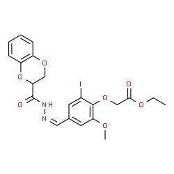 ChemSpider 2D Image | Ethyl (4-{(Z)-[(2,3-dihydro-1,4-benzodioxin-2-ylcarbonyl)hydrazono]methyl}-2-iodo-6-methoxyphenoxy)acetate | C21H21IN2O7