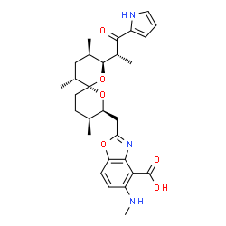 ChemSpider 2D Image | 5-(Methylamino)-2-({(2S,3S,6S,8S,9R,11R)-3,9,11-trimethyl-8-[(2R)-1-oxo-1-(1H-pyrrol-2-yl)-2-propanyl]-1,7-dioxaspiro[5.5]undec-2-yl}methyl)-1,3-benzoxazole-4-carboxylic acid | C29H37N3O6