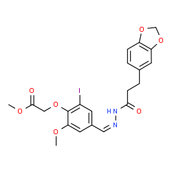 ChemSpider 2D Image | Methyl {4-[(Z)-{[3-(1,3-benzodioxol-5-yl)propanoyl]hydrazono}methyl]-2-iodo-6-methoxyphenoxy}acetate | C21H21IN2O7
