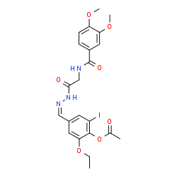 ChemSpider 2D Image | 4-[(Z)-({[(3,4-Dimethoxybenzoyl)amino]acetyl}hydrazono)methyl]-2-ethoxy-6-iodophenyl acetate (non-preferred name) | C22H24IN3O7