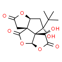 ChemSpider 2D Image | (3aS,5aR,8S,8aS,9R,10aS)-8,9-Dihydroxy-9-(2-methyl-2-propanyl)dihydro-9H-furo[2,3-b]furo[3',2':2,3]cyclopenta[1,2-c]furan-2,4,7(3H,8H)-trione | C15H18O8
