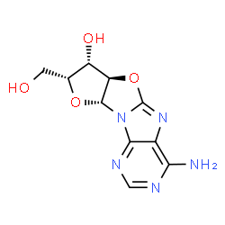 ChemSpider 2D Image | (6aR,7S,8R,9aR)-4-Amino-8-(hydroxymethyl)-6a,7,8,9a-tetrahydrofuro[2',3':4,5][1,3]oxazolo[3,2-e]purin-7-ol | C10H11N5O4