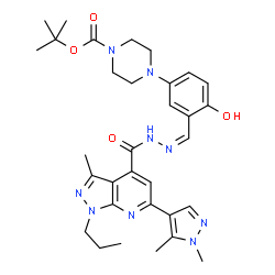 ChemSpider 2D Image | 2-Methyl-2-propanyl 4-{3-[(Z)-({[6-(1,5-dimethyl-1H-pyrazol-4-yl)-3-methyl-1-propyl-1H-pyrazolo[3,4-b]pyridin-4-yl]carbonyl}hydrazono)methyl]-4-hydroxyphenyl}-1-piperazinecarboxylate | C32H41N9O4