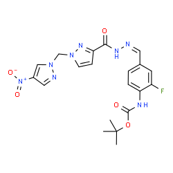 ChemSpider 2D Image | 2-Methyl-2-propanyl (2-fluoro-4-{(Z)-[({1-[(4-nitro-1H-pyrazol-1-yl)methyl]-1H-pyrazol-3-yl}carbonyl)hydrazono]methyl}phenyl)carbamate | C20H21FN8O5