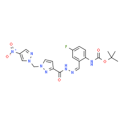 ChemSpider 2D Image | 2-Methyl-2-propanyl (4-fluoro-2-{(Z)-[({1-[(4-nitro-1H-pyrazol-1-yl)methyl]-1H-pyrazol-3-yl}carbonyl)hydrazono]methyl}phenyl)carbamate | C20H21FN8O5