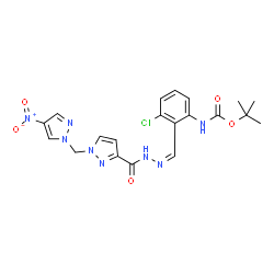ChemSpider 2D Image | 2-Methyl-2-propanyl (3-chloro-2-{(Z)-[({1-[(4-nitro-1H-pyrazol-1-yl)methyl]-1H-pyrazol-3-yl}carbonyl)hydrazono]methyl}phenyl)carbamate | C20H21ClN8O5