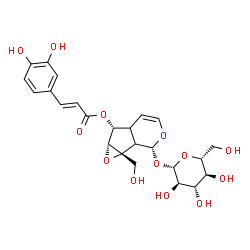 ChemSpider 2D Image | (1aR,2R,6R,6aR)-2-(beta-D-Glucopyranosyloxy)-1a-(hydroxymethyl)-1a,1b,2,5a,6,6a-hexahydrooxireno[4,5]cyclopenta[1,2-c]pyran-6-yl (2E)-3-(3,4-dihydroxyphenyl)acrylate | C24H28O13