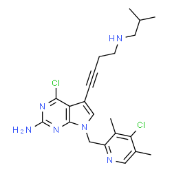 ChemSpider 2D Image | 4-Chloro-7-[(4-chloro-3,5-dimethyl-2-pyridinyl)methyl]-5-[4-(isobutylamino)-1-butyn-1-yl]-7H-pyrrolo[2,3-d]pyrimidin-2-amine | C22H26Cl2N6