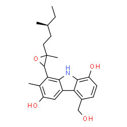 ChemSpider 2D Image | 4-(Hydroxymethyl)-7-methyl-8-{3-methyl-3-[(3S)-3-methylpentyl]-2-oxiranyl}-9H-carbazole-1,6-diol | C23H29NO4