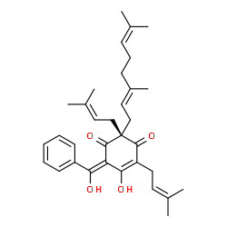 ChemSpider 2D Image | (2R,6E)-2-[(2E)-3,7-Dimethyl-2,6-octadien-1-yl]-5-hydroxy-6-[hydroxy(phenyl)methylene]-2,4-bis(3-methyl-2-buten-1-yl)-4-cyclohexene-1,3-dione | C33H42O4