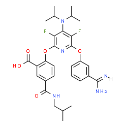 ChemSpider 2D Image | 2-{[6-(3-Carbamimidoylphenoxy)-4-(diisopropylamino)-3,5-difluoro-2-pyridinyl]oxy}-5-(isobutylcarbamoyl)benzoic acid | C30H35F2N5O5