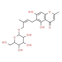 ChemSpider 2D Image | (2Z)-4-(5,7-Dihydroxy-2-methyl-4-oxo-4H-chromen-6-yl)-2-methyl-2-buten-1-yl hexopyranoside | C21H26O10