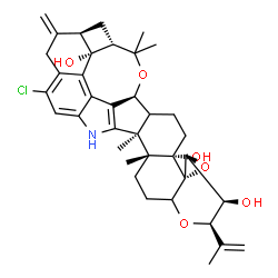 ChemSpider 2D Image | (2R,3S,3aS,4aS,4bS,7S,7dR,8S,9aR,14bS,14cR)-12-Chloro-2-isopropenyl-14b,14c,17,17-tetramethyl-10-methylene-3,3a,6,6a,7,8,9,9a,10,11,14,14b,14c,15,16,16a-hexadecahydro-2H,4bH-7,8-(epoxymethano)cyclobut
a[5,6]benzo[1,2-e]oxireno[4',4a']chromeno[5',6':6,7]indeno[1,2-b]indole-3,4b,7d(5H)-triol | C37H44ClNO6
