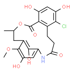 ChemSpider 2D Image | 7-Chloro-8,10,18,20-tetrahydroxy-17-methoxy-14-methyl-13-oxa-2-azatricyclo[14.3.1.0~6,11~]icosa-1(20),6,8,10,16,18-hexaene-3,12-dione | C20H20ClNO8