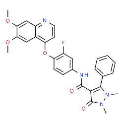 ChemSpider 2D Image | N-{4-[(6,7-Dimethoxy-4-quinolinyl)oxy]-3-fluorophenyl}-1,2-dimethyl-3-oxo-5-phenyl-2,3-dihydro-1H-pyrazole-4-carboxamide | C29H25FN4O5