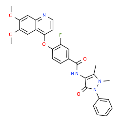 ChemSpider 2D Image | 4-[(6,7-Dimethoxy-4-quinolinyl)oxy]-N-(1,5-dimethyl-3-oxo-2-phenyl-2,3-dihydro-1H-pyrazol-4-yl)-3-fluorobenzamide | C29H25FN4O5