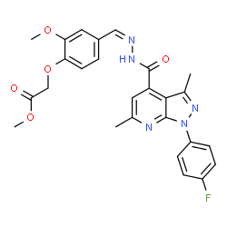 ChemSpider 2D Image | Methyl {4-[(Z)-({[1-(4-fluorophenyl)-3,6-dimethyl-1H-pyrazolo[3,4-b]pyridin-4-yl]carbonyl}hydrazono)methyl]-2-methoxyphenoxy}acetate | C26H24FN5O5