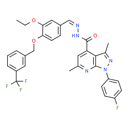 ChemSpider 2D Image | N'-[(Z)-(3-Ethoxy-4-{[3-(trifluoromethyl)benzyl]oxy}phenyl)methylene]-1-(4-fluorophenyl)-3,6-dimethyl-1H-pyrazolo[3,4-b]pyridine-4-carbohydrazide | C32H27F4N5O3