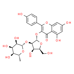 ChemSpider 2D Image | 5,7-Dihydroxy-2-(4-hydroxyphenyl)-4-oxo-4H-chromen-3-yl 2-O-(6-deoxy-beta-D-allopyranosyl)-alpha-L-lyxofuranoside | C26H28O14