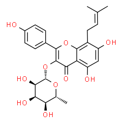 ChemSpider 2D Image | 5,7-Dihydroxy-2-(4-hydroxyphenyl)-8-(3-methyl-2-buten-1-yl)-4-oxo-4H-chromen-3-yl 6-deoxy-beta-D-allopyranoside | C26H28O10